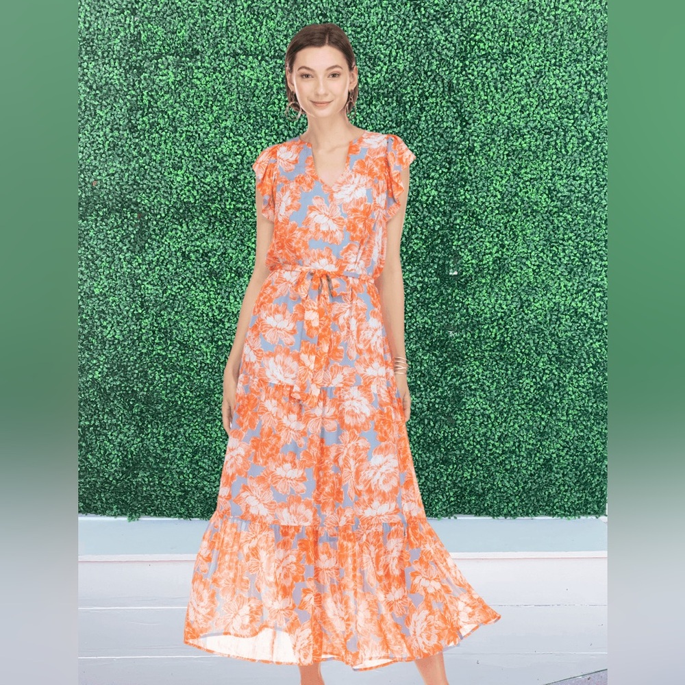 Joy Joy Tiered Maxi Dress Size XS NWT Orange Blue Floral Print Resort Style